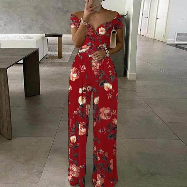 Women's Floral Off-Shoulder Wide-Leg Jumpsuit for Summer — Red Floral