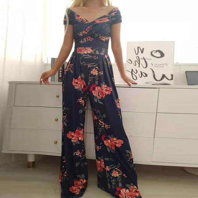 Women's Floral Off-Shoulder Wide-Leg Jumpsuit for Summer — Navy Floral