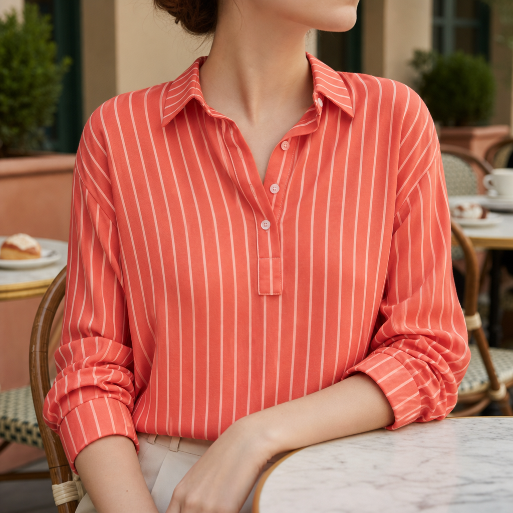 Red striped long sleeve button-up blouse with a classic collar