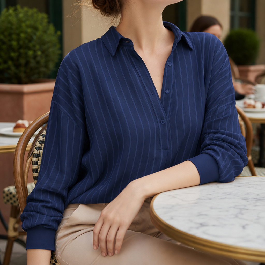 Navy Blue striped long sleeve button-up blouse with a classic collar