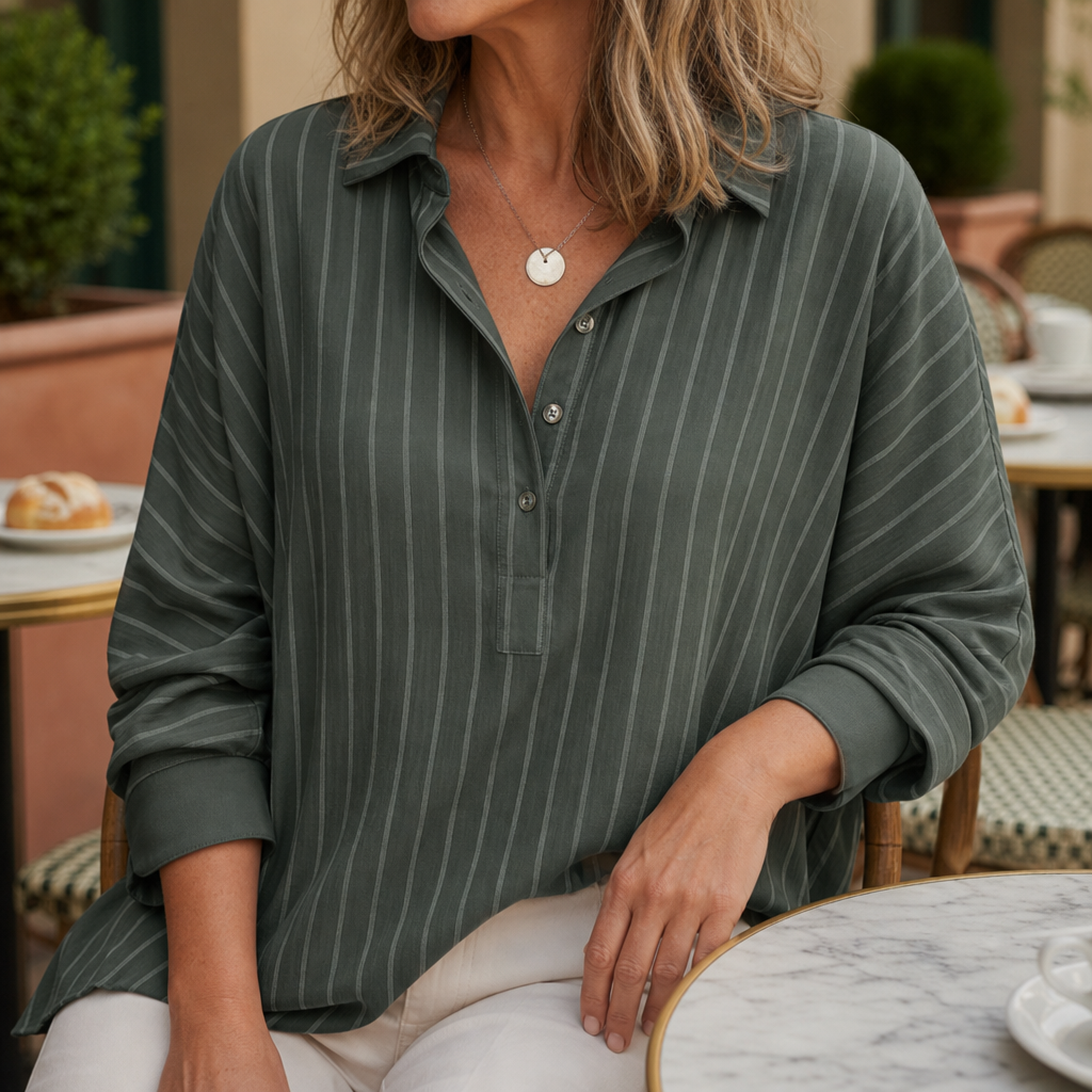 Olive Green striped long sleeve button-up blouse with a classic collar