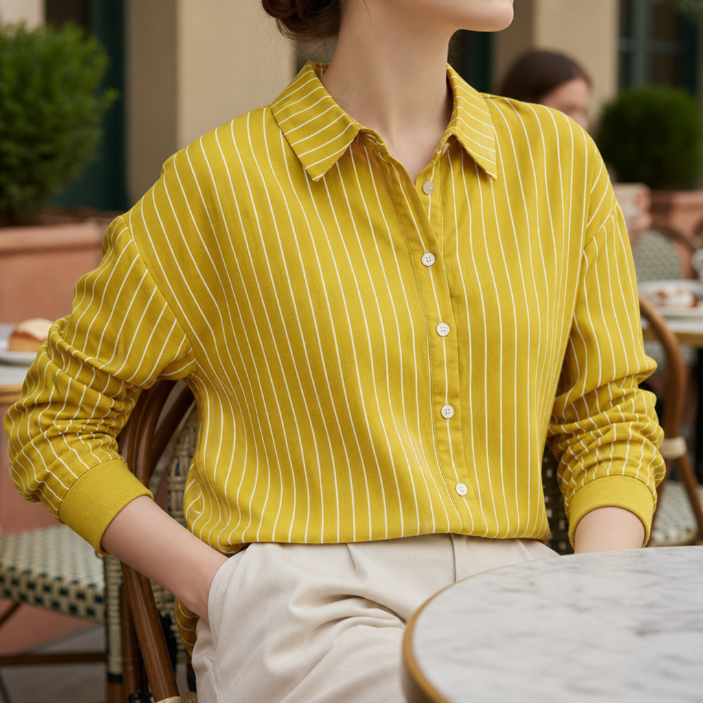 Mustard Yellow striped long sleeve button-up blouse with a classic collar