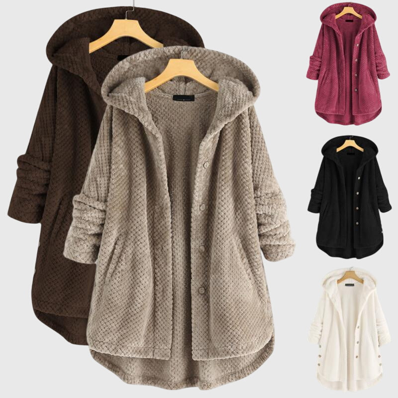 Women's white hooded zip-up fleece jacket