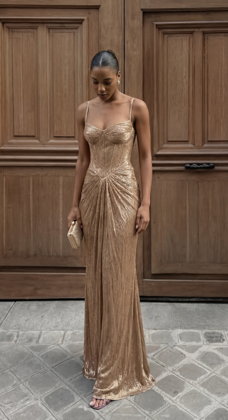 Gold corset maxi dress shown with its corset-style bodice.