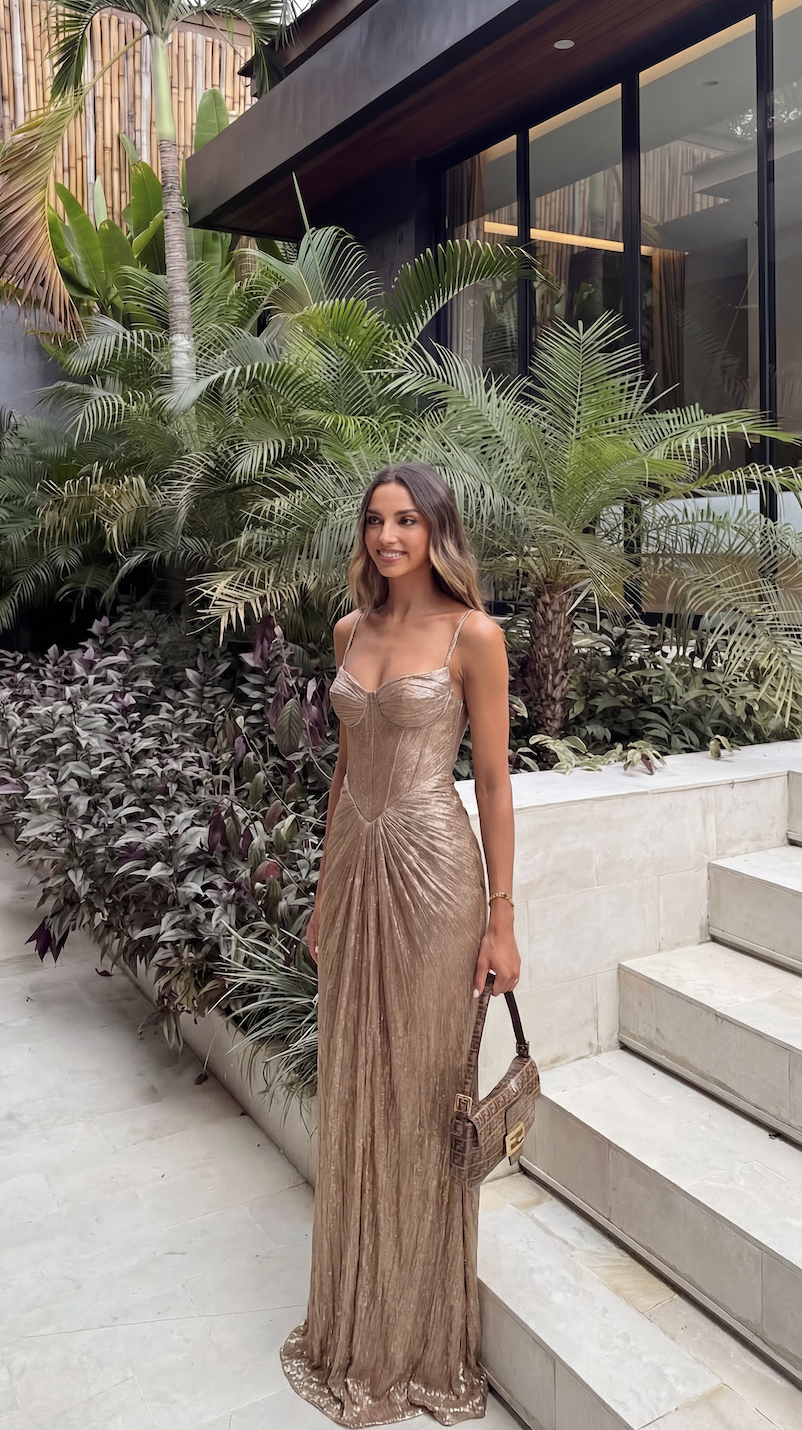 Close-up of the gold corset maxi dress's open-spine back detail.