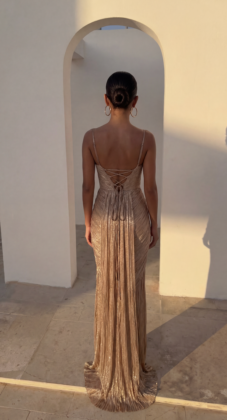 Full-length look at the gold corset maxi dress and its corset-style bodice.