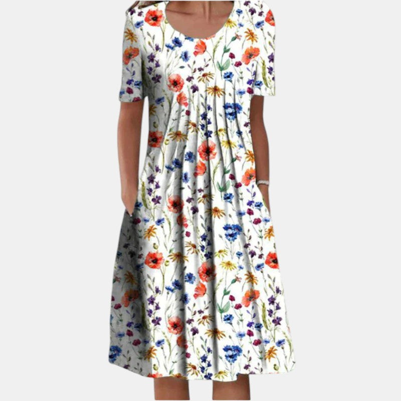 Women's floral red dress soft pleated-front relaxed