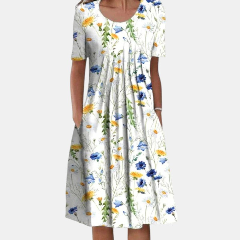 Women's floral red dress soft pleated-front relaxed