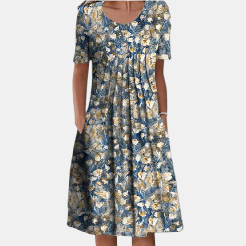 Women's floral red dress soft pleated-front relaxed