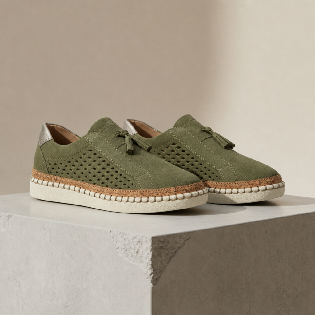 Olive green tassel slip-on sneakers with perforated suede upper