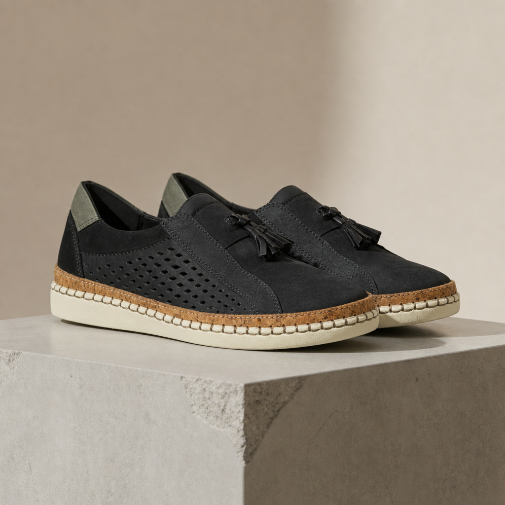 Black tassel slip-on sneakers with perforated suede upper