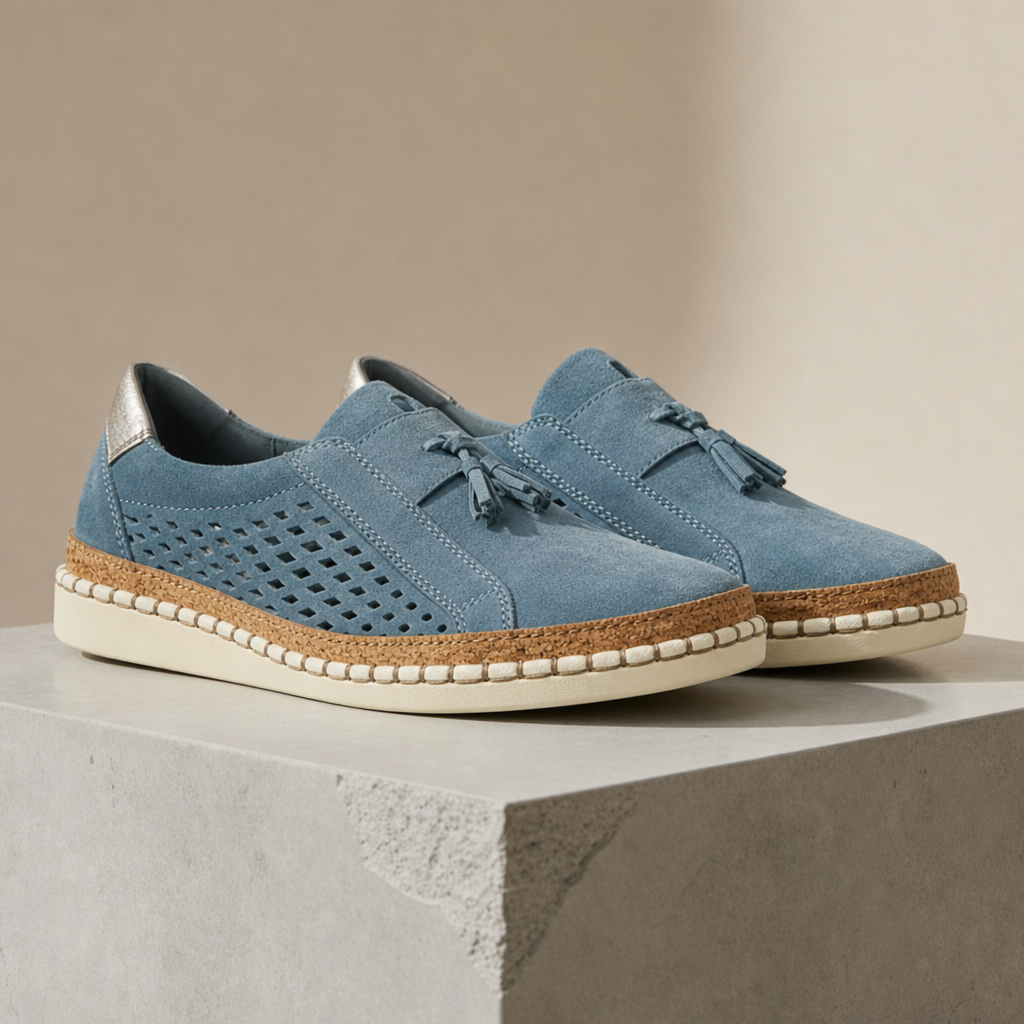 Dusty blue tassel slip-on sneakers with perforated suede upper