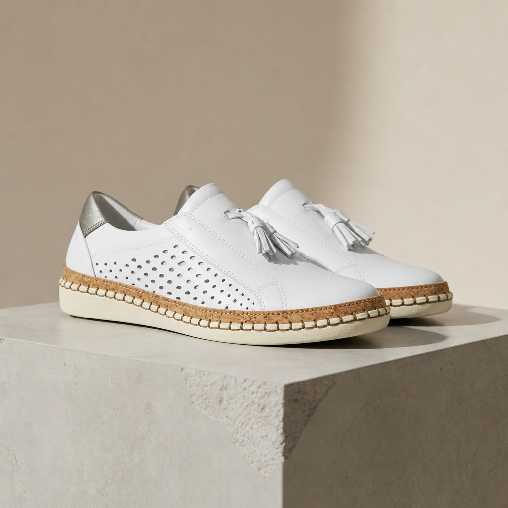 White tassel slip-on sneakers with perforated suede upper