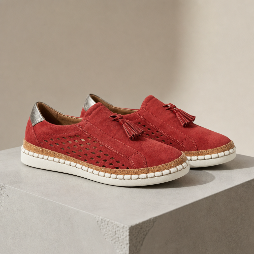 Coral red tassel slip-on sneakers with perforated suede upper