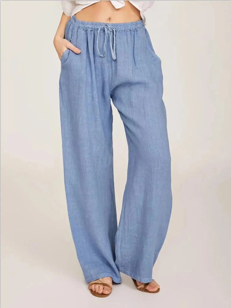 women's wide-leg drawstring cotton trousers