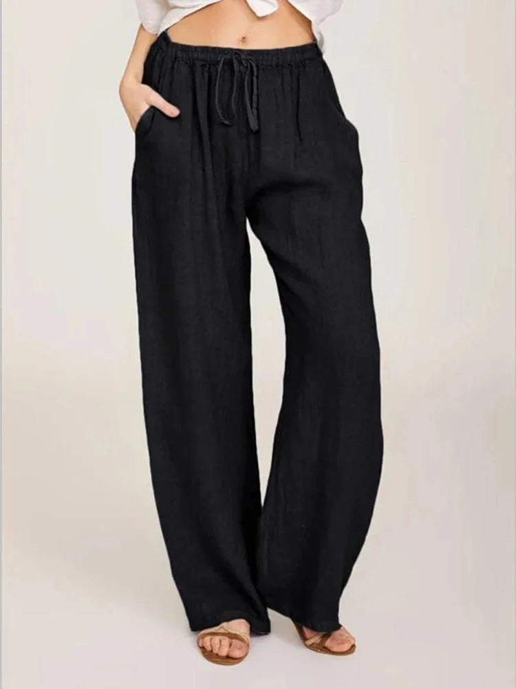 women's wide-leg drawstring cotton trousers