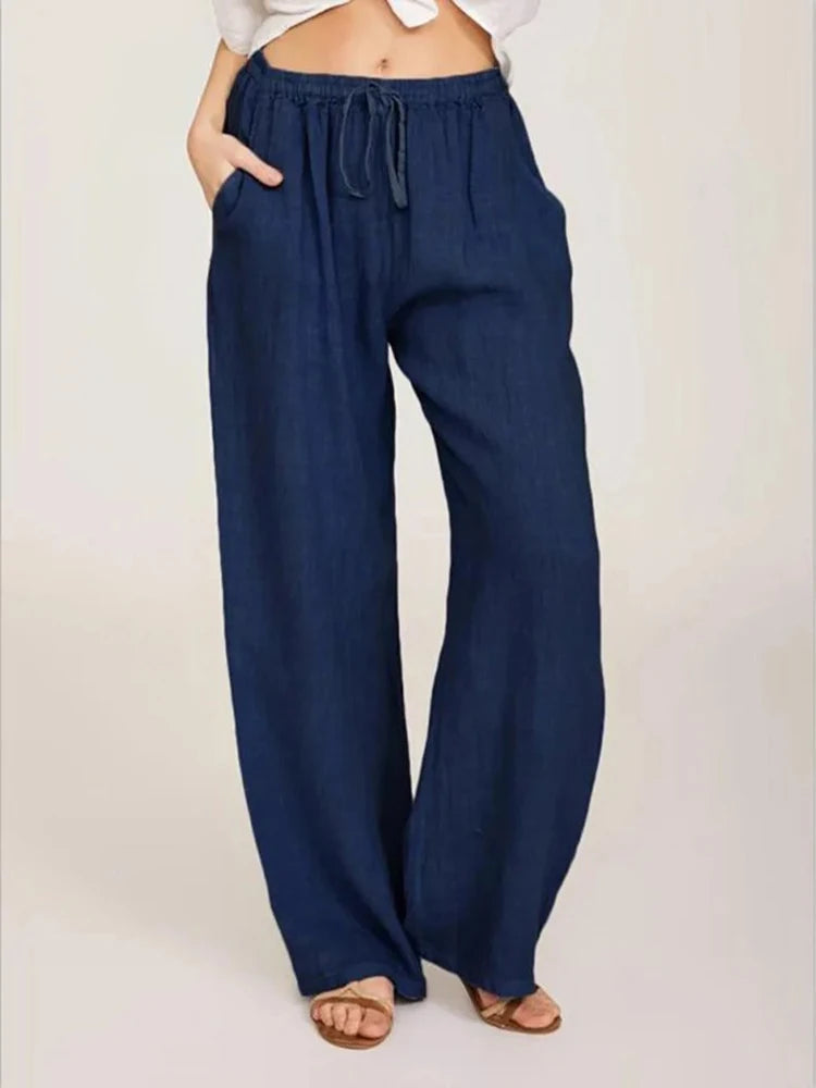 women's wide-leg drawstring cotton trousers