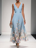 Women's light blue dress flowing a-line floral
