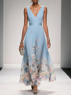 Women's light blue dress flowing a-line floral