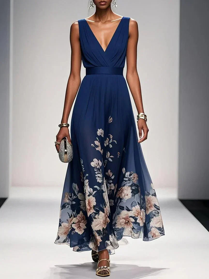 Women's light blue dress flowing a-line floral