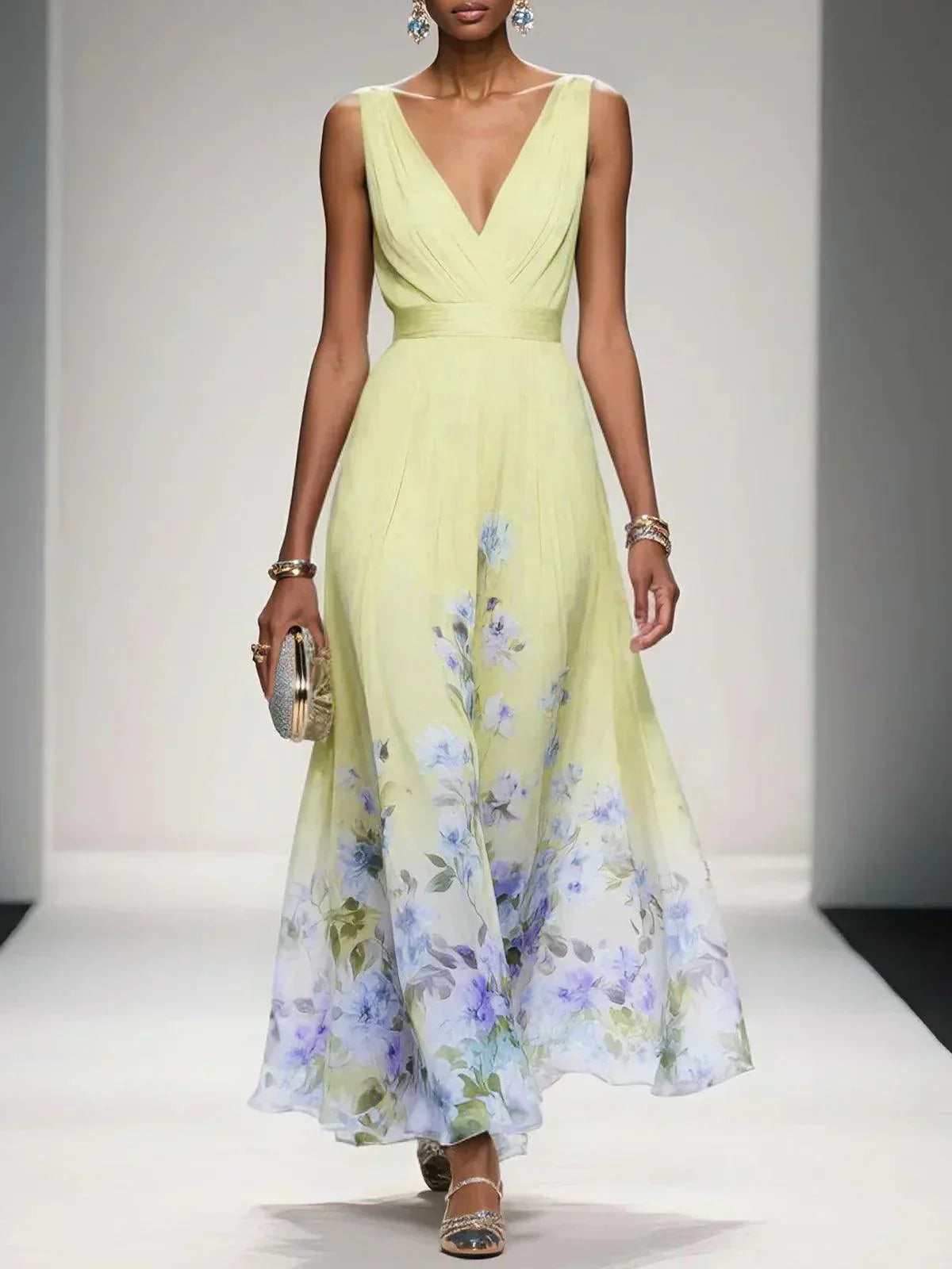 Women's light blue dress flowing a-line floral