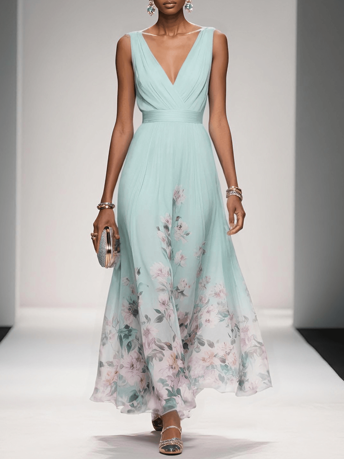 Women's light blue dress flowing a-line floral