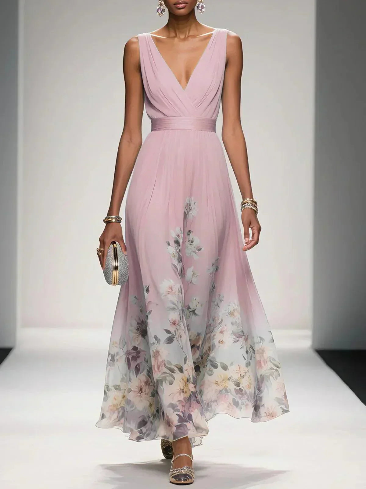 Women's light blue dress flowing a-line floral