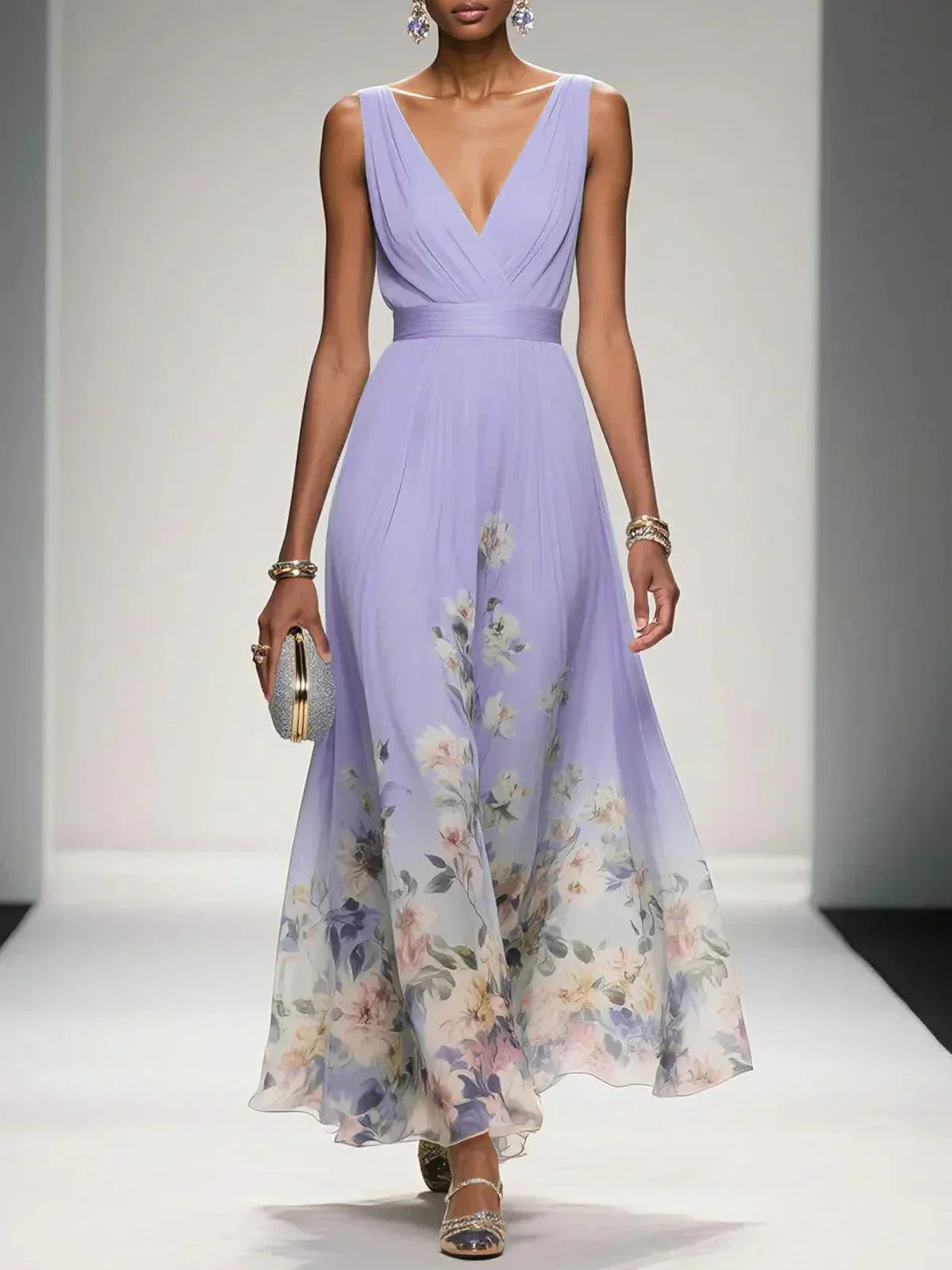 Women's navy blue dress flowing a-line floral