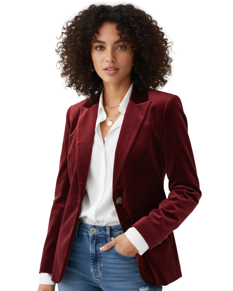 Women's velvet blazer gold buttons tailored fit in red