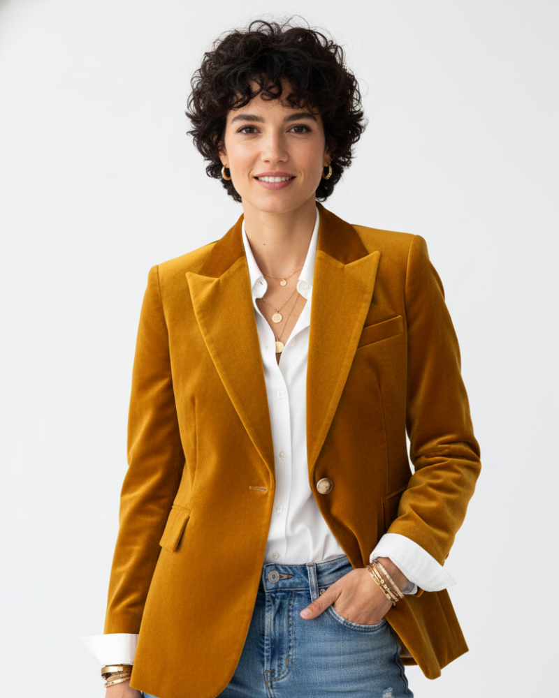 Women's velvet blazer gold buttons tailored fit in red