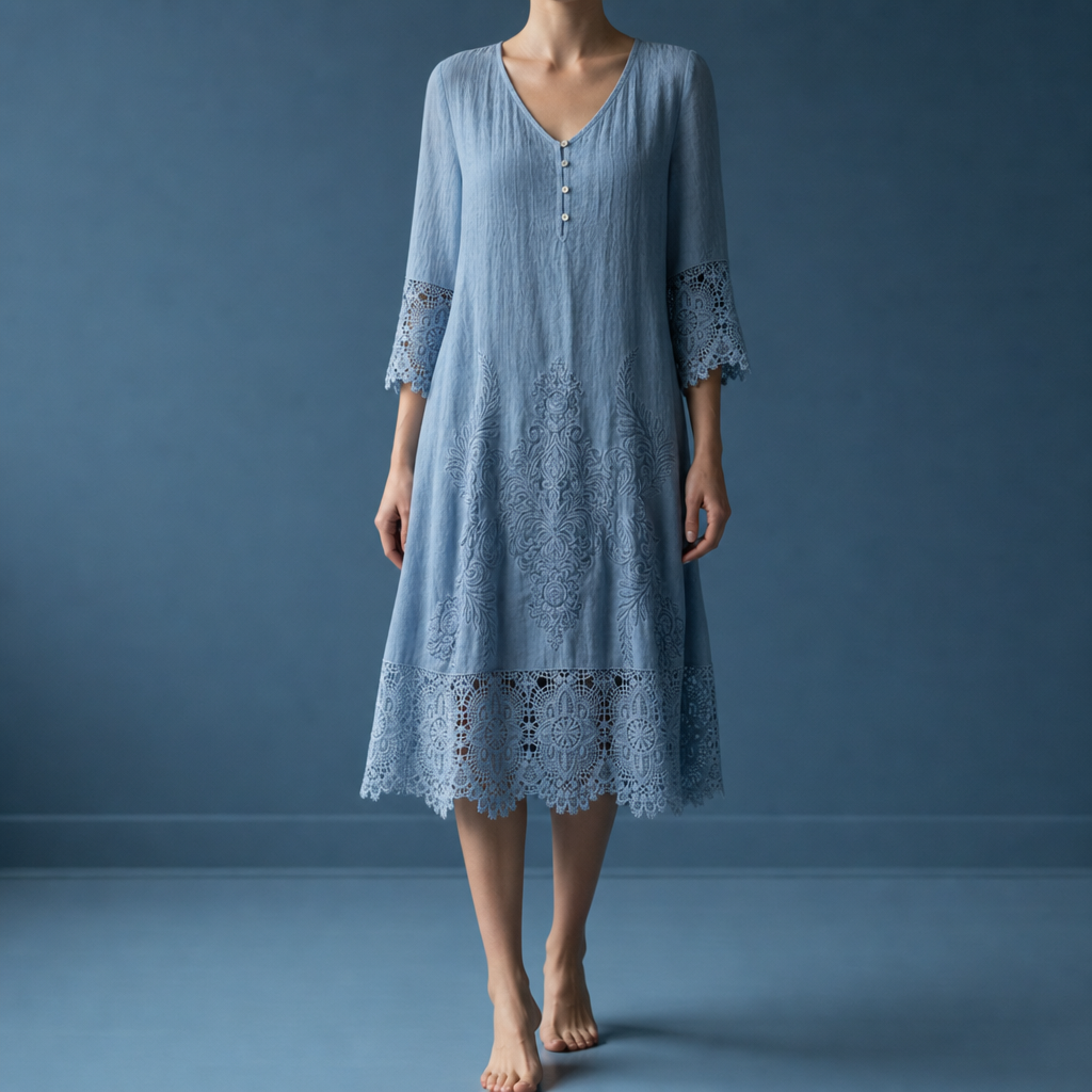 Dusty blue lace trim midi dress worn against a blue backdrop