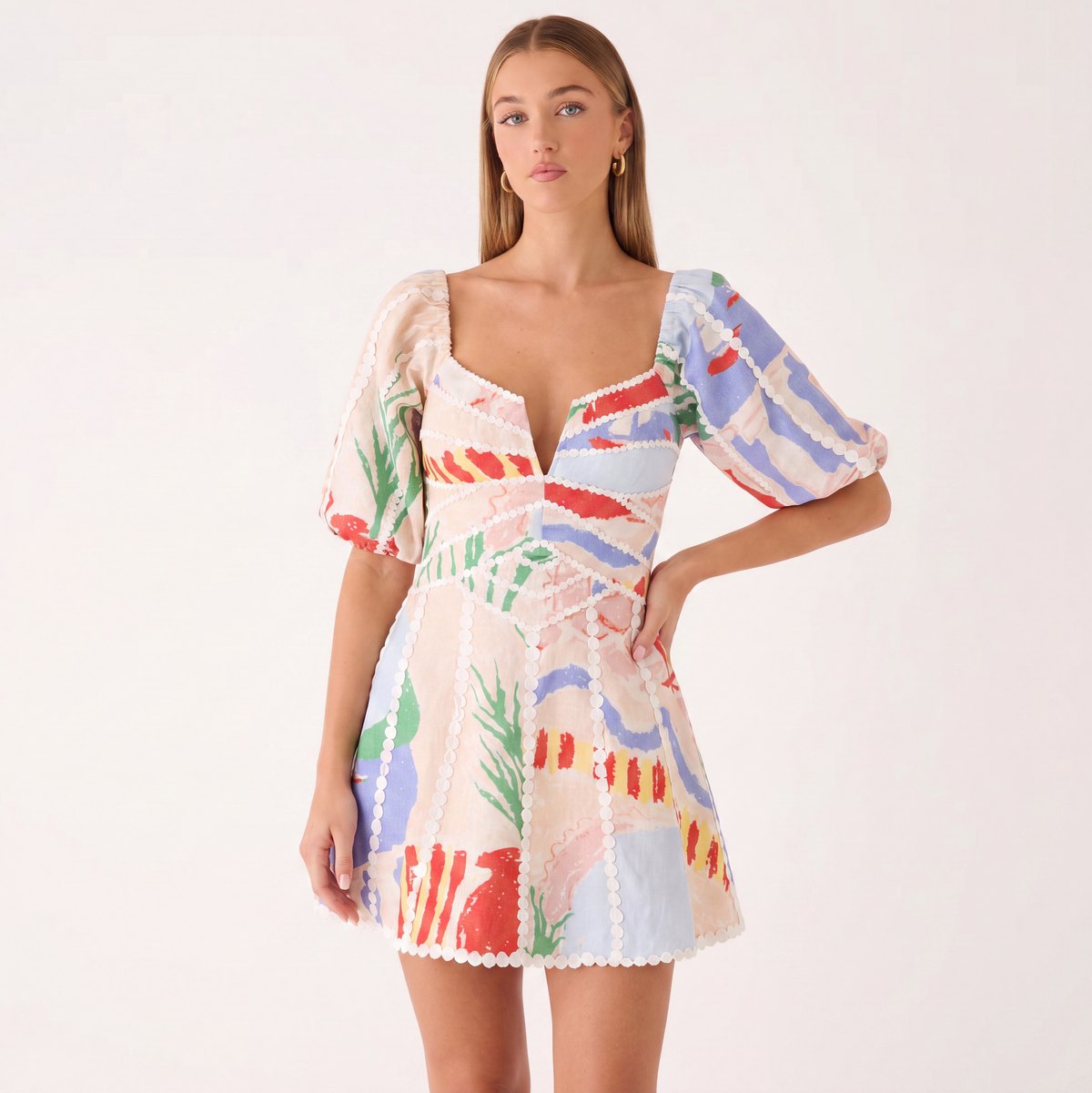 Multicolour print mini dress with puff sleeves, front view product shot