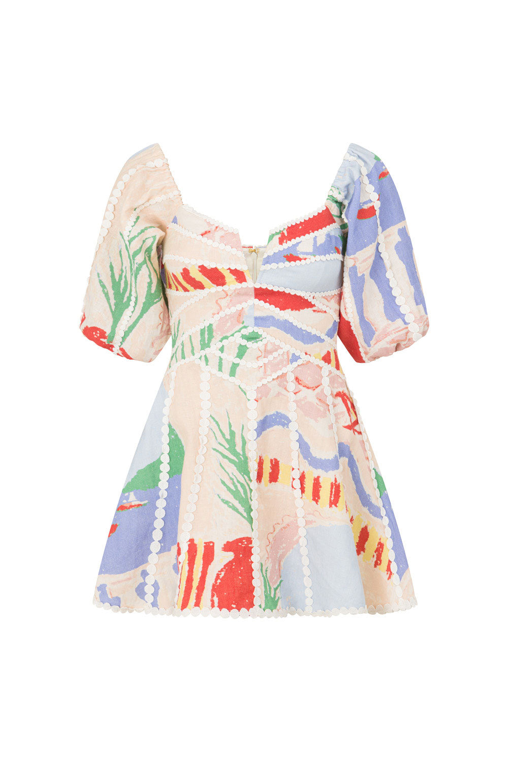 Multicolour print mini dress with puff sleeves, flat lay product shot