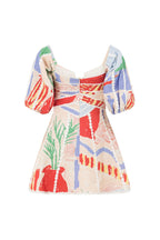 Multicolour print mini dress with puff sleeves, flat lay back view