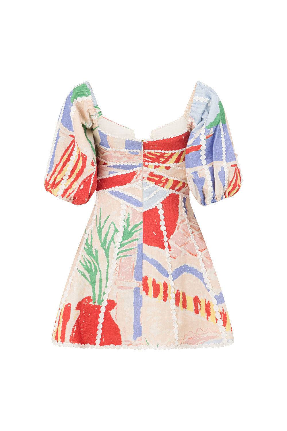 Multicolour print mini dress with puff sleeves, flat lay back view