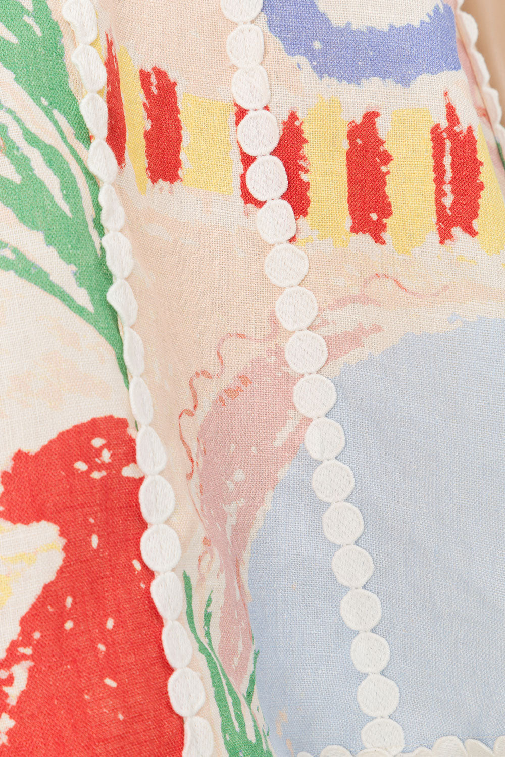 Close-up of a multicolour print mini dress fabric and puff sleeve detail