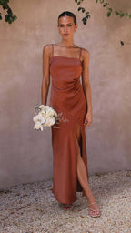 Women’s bronze women's satin evening slip dress