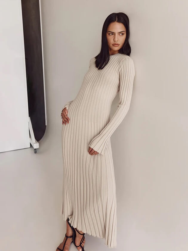 Beige ribbed knit maxi dress, long sleeves with flared cuffs
