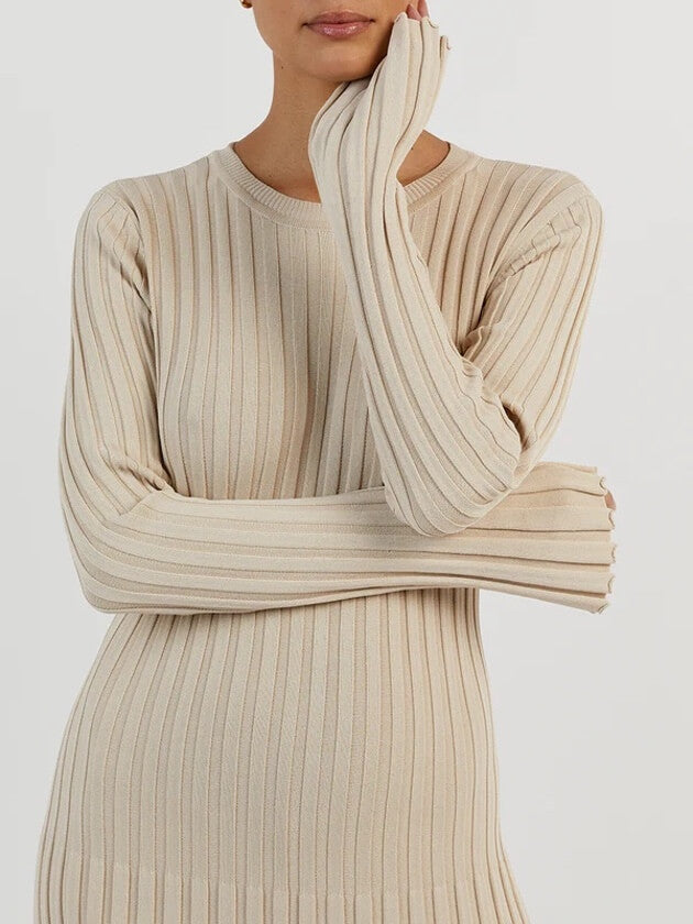 Beige ribbed knit maxi dress with an adjustable drawstring back