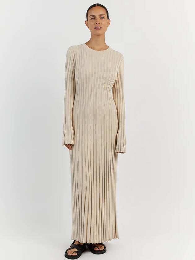 Beige ribbed knit maxi dress, slim and elongating silhouette