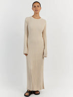 Beige ribbed knit maxi dress, slim and elongating silhouette