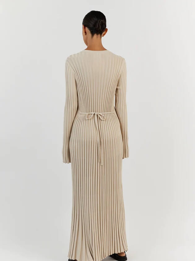 Beige ribbed knit maxi dress styled for the transitional season