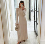 Beige ribbed knit maxi dress with a high round neckline