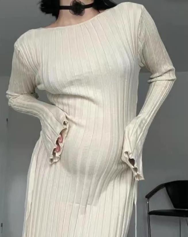 Beige ribbed knit maxi dress, long sleeves with flared cuffs