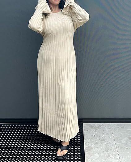 Beige ribbed knit maxi dress with an adjustable drawstring back