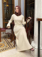 Beige ribbed knit maxi dress, slim and elongating silhouette