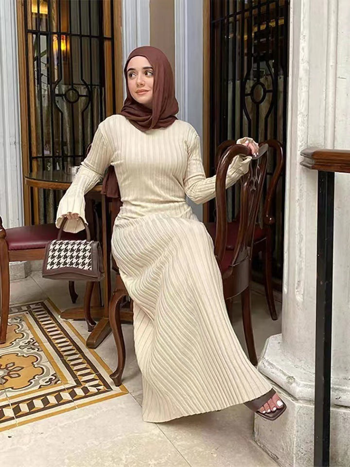Beige ribbed knit maxi dress, slim and elongating silhouette