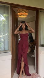 Burgundy strapless ruched maxi dress with front frill detail