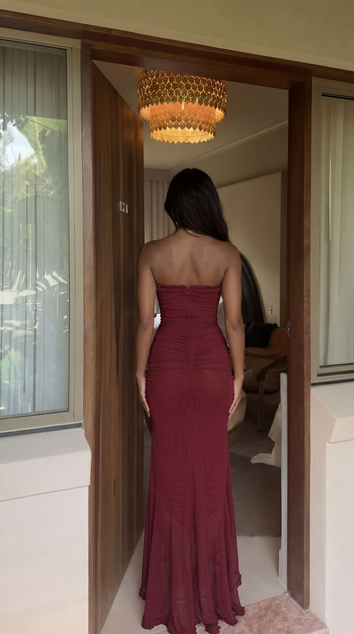Close-up of burgundy maxi dress fabric and invisible back zip
