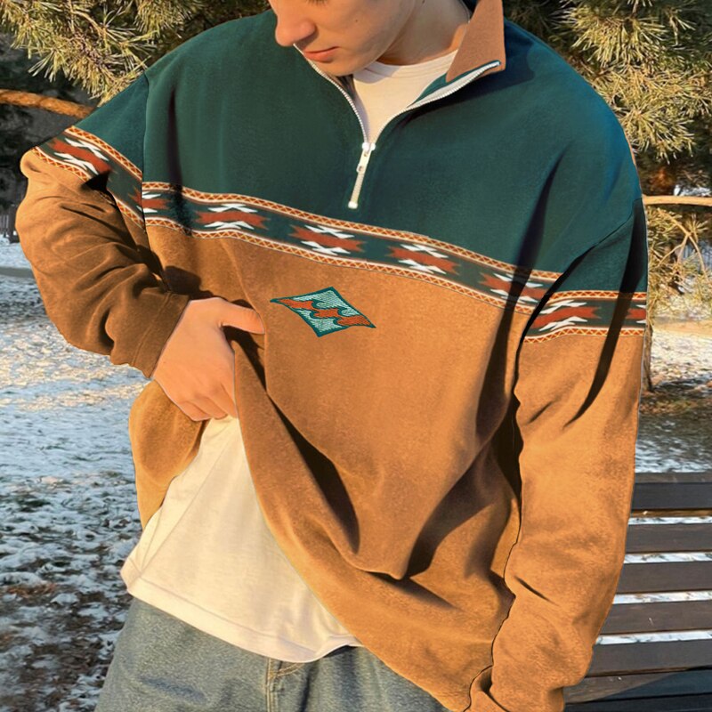 Men's khaki zip-up knit jumper with half-zip collar